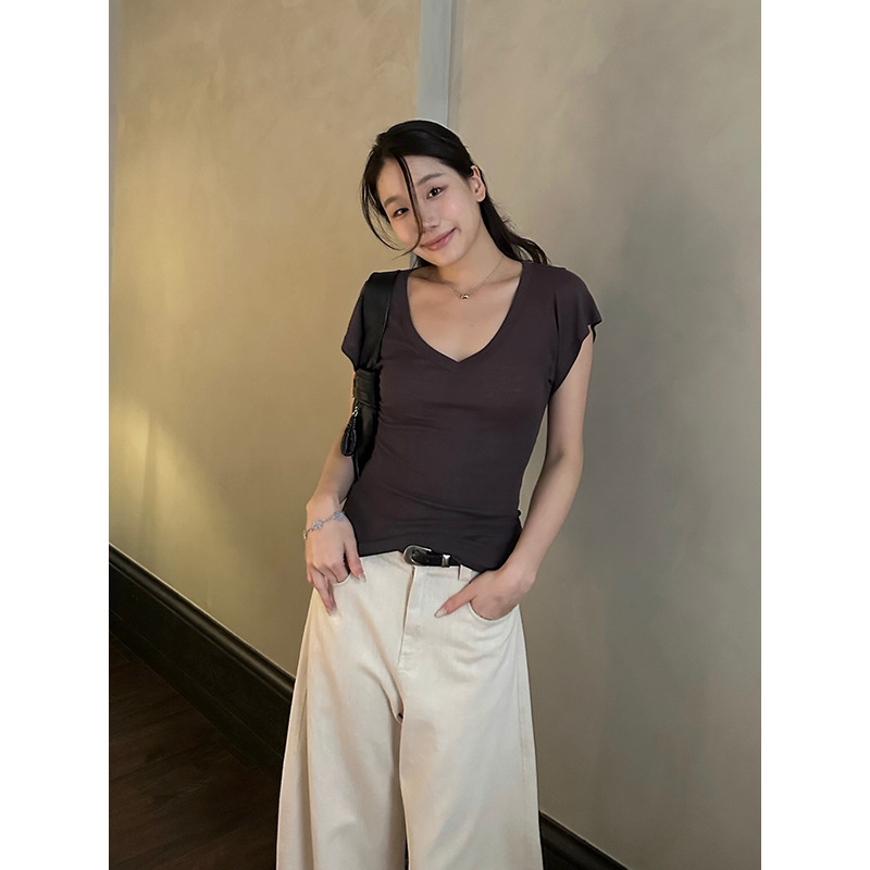 元派 亲肤感收腰V领薄款短袖T恤2026夏新款柔软天丝羊毛上衣A6127