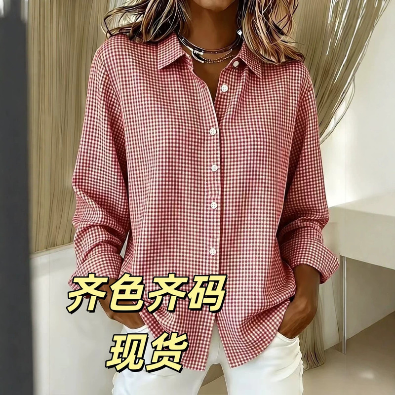 In-Stock Cross-Border 2026 New Women's Versatile Collared Long-Sleeve Plaid Shirt, European and American Four-Season Trendy Fashion Women's Clothing In-Stock Cross-Border 2026 New Women's Versatile Collared Long-Sleeve Plaid Shirt, European and American Four-Season Trendy Fashion Women's Clothing