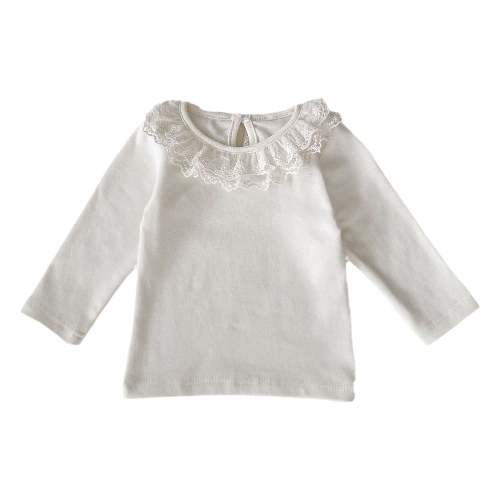 Camiseta Interior para Bebé, Estilo Coreano, Primavera-Otoño 2026, con Cuello de Encaje, Manga Larga, Color Sólido