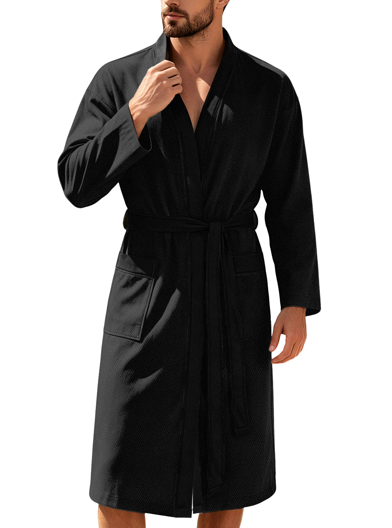 Amazon transfronterizo hombre twill lazo doble bolsillo ropa de baño casual hotel correa Europa y América ropa de dormir larga ropa para el hogar