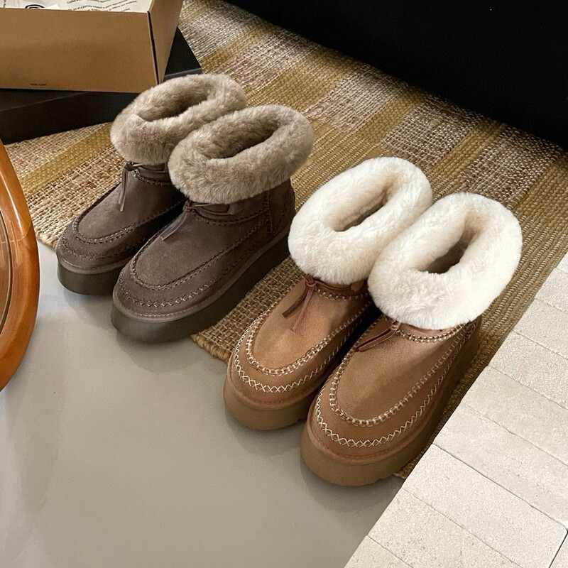 Alpine thick-soled snow boots for women, featuring a faux fur lining, ethnic style, closed-toe design, mid-calf length, lace-up closure, and slip-on style for easy wear Alpine thick-soled snow boots for women, featuring a faux fur lining, ethnic style, closed-toe design, mid-calf length, lace-up closure, and slip-on style for easy wear