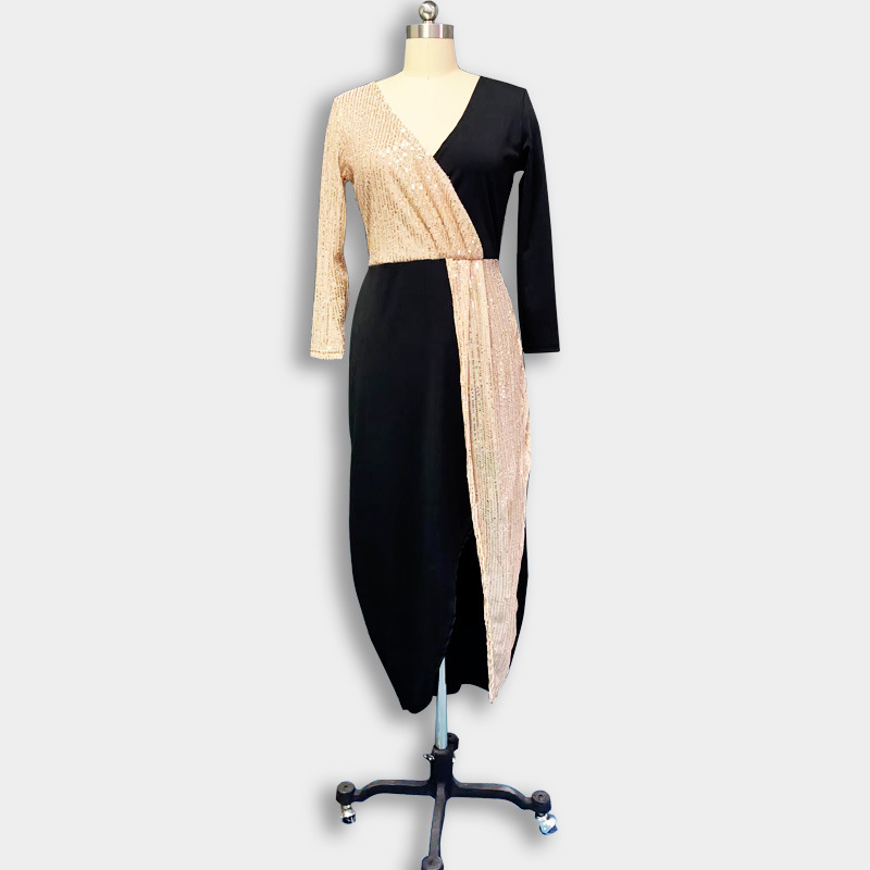 2023 Cross-border two-color black and gold ethnic style high-waisted pure color temperament commuting medium and long sleeved waist dress