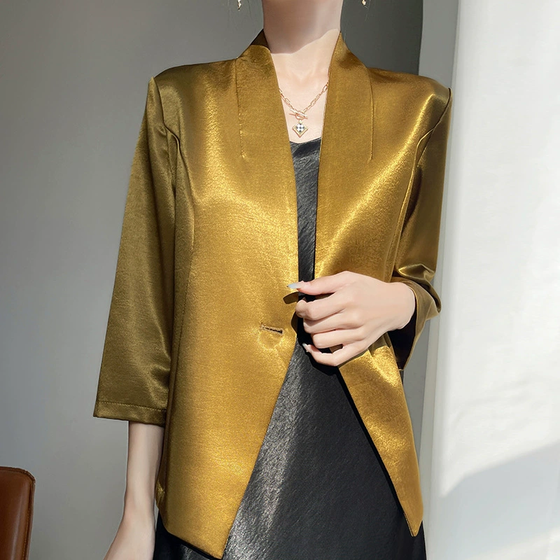 Весенне-летний новый стильный шелковистый атласный кардиган на пуговицах для женщин с v-образным вырезом и три четверти рукавов для модной верхней одежды