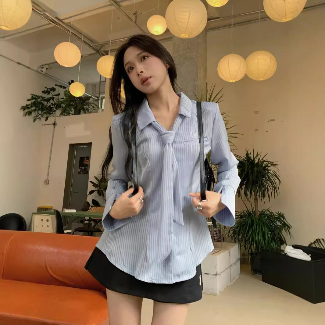 Pink Striped Streaming Shirt Women's Spring and Autumn Wear Waist Blue Long-sleeved Top Western Style Age-reducing College Style with Shoulder Pad