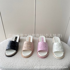 Xiaoxiangfeng レディース ダイヤモンドライン 厚底スリッパ シープスキン カラーブロック ラウンドトゥ チェーン 太いヒール 多用途 アウターウェア ワンラインサンダル