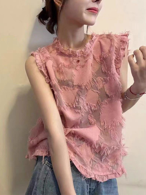 新中式无袖T恤上衣薄款女士洋气纯色木耳边小衫百搭休闲打底衫女|undefined