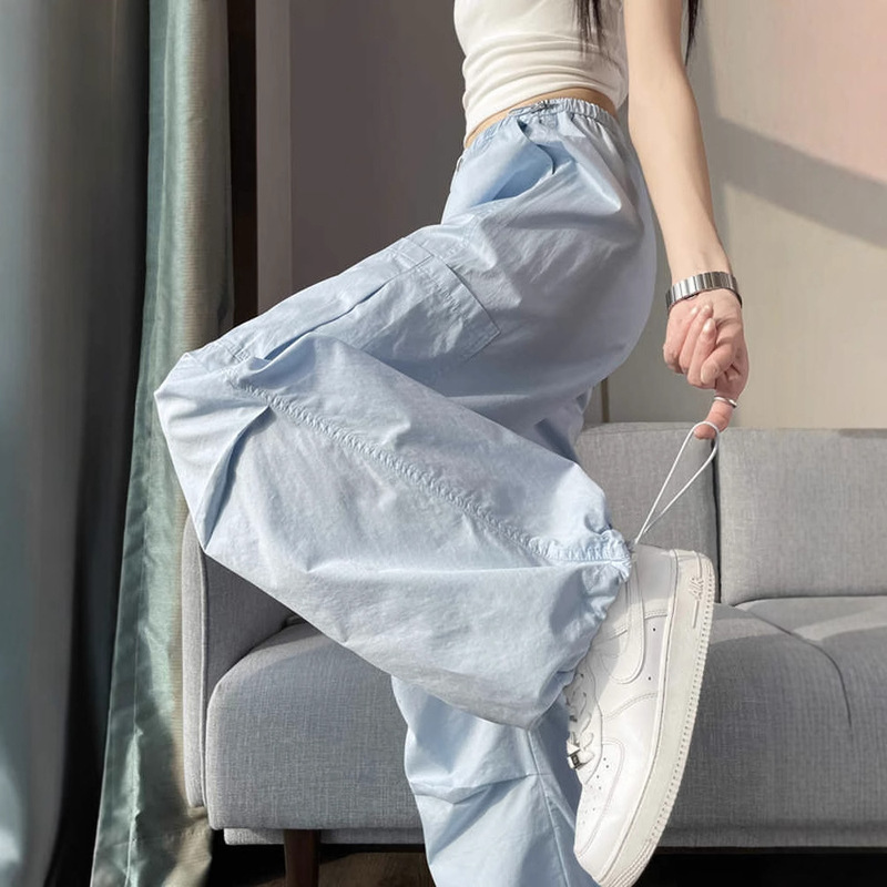 Ice Silk Quick-Dry Cargo Pants for Women, Summer Thin High-Waisted Drapey Casual Wide-Leg Pants, Straight Loose Jogger Sweatpants