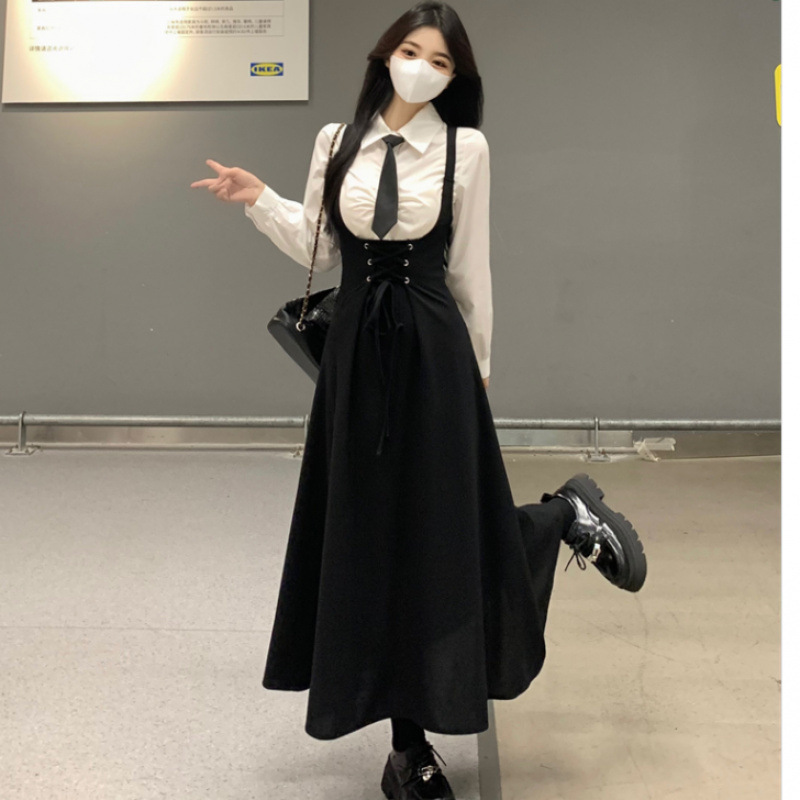 束腰绑带收腰显瘦背带裙套装大码女装高级感衬衫胖mm背带裙两件套|undefined