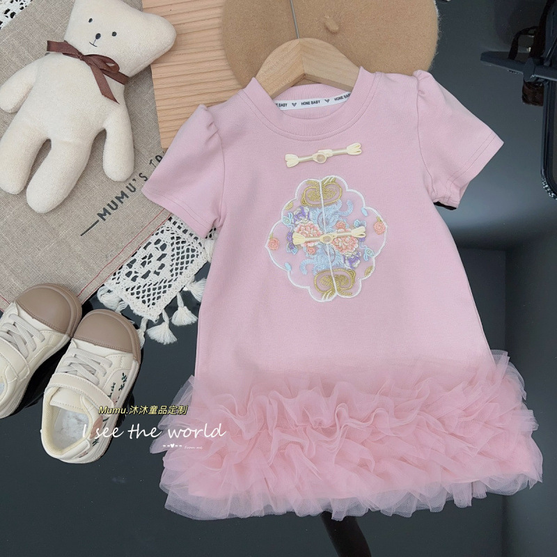 女の子の新しい中国式tシャツのスカートの新型の2024の赤ちゃんのワンピースの夏の洋風の韓国版の刺繍は中国風を掛けます。|undefined