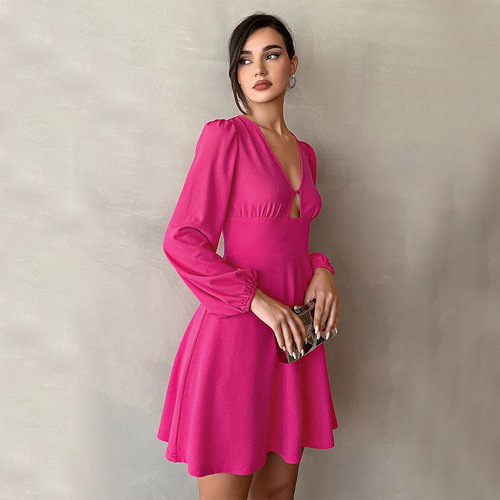 Foreign trade cross-border European and American clothing 2024 autumn and winter new style waist V-neck puff sleeve A-line skirt temperament mini dress