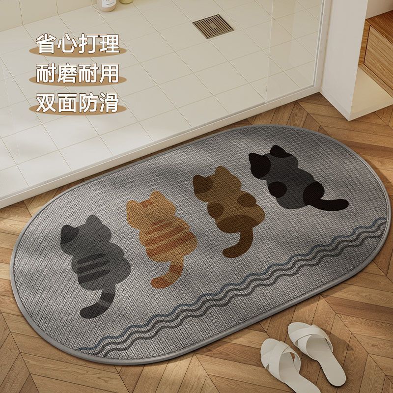 卡通小猫浴室地垫亚麻硅藻泥吸水速干脚垫耐脏易打理地垫防滑垫子|undefined