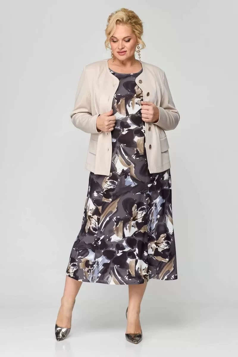 Трансграничный европейский и американский плюс размер женщин из двух частей элегантный Печатный платье три четверти рукав костюм куртка пуговица дизайн
