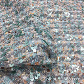 粗花呢 小香风面料 珠片绣 绿色 叶子 男女装大衣时装布料 批发