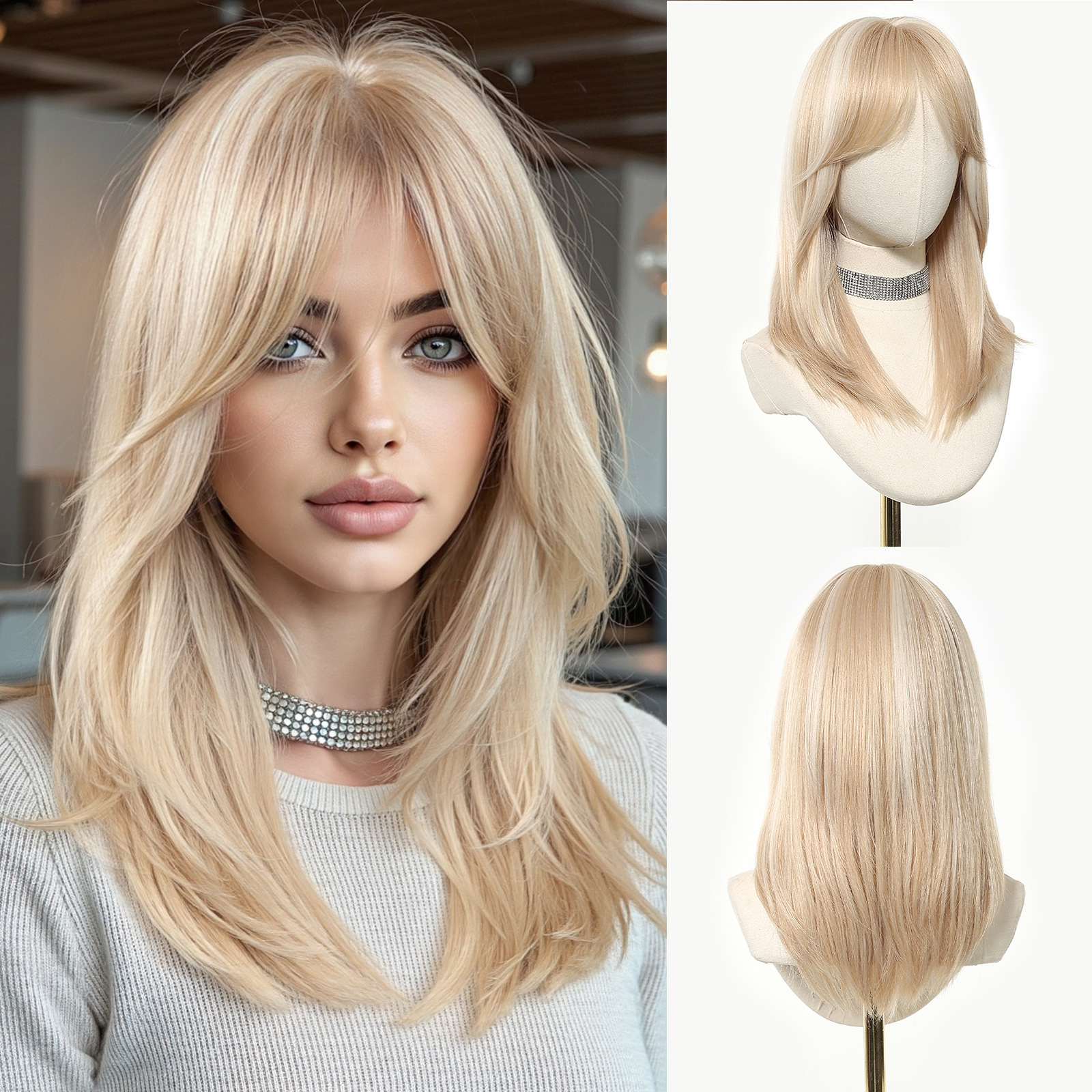 Peluca degradada dorada para mujer, peluca completa, cabello sintético de longitud media, estilo cosplay de Halloween.