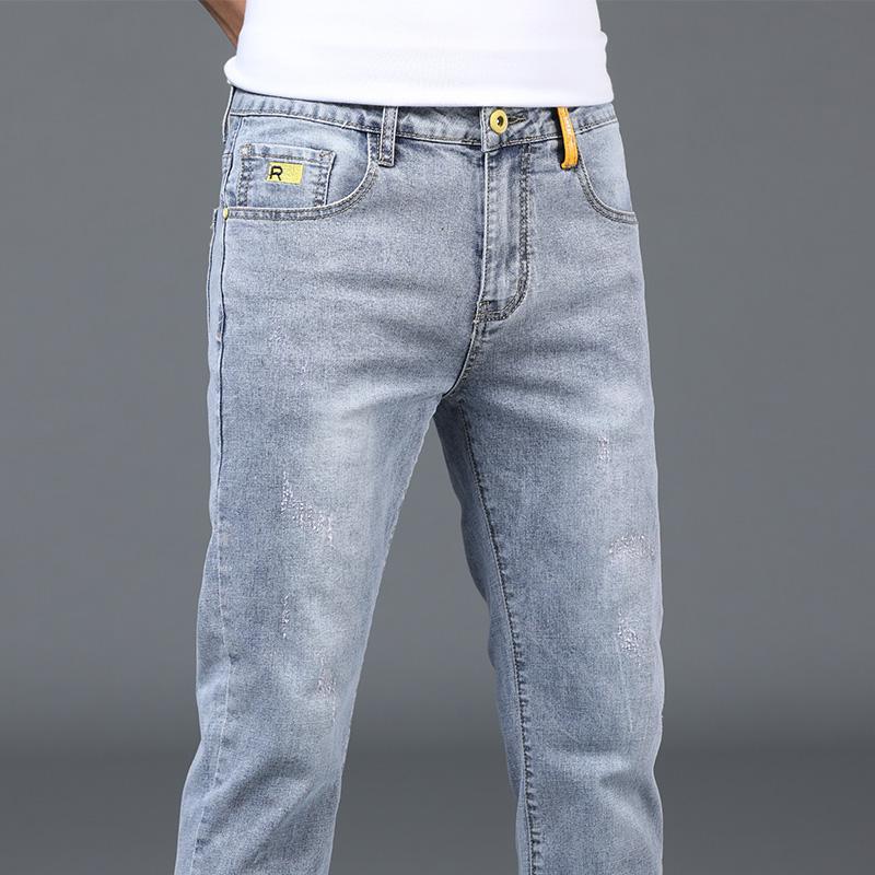 Printemps et automne mince hommes jeans tendance polyvalent couleur claire minceur petite jambe coquin beau mode lavé décontracté_voghion.com