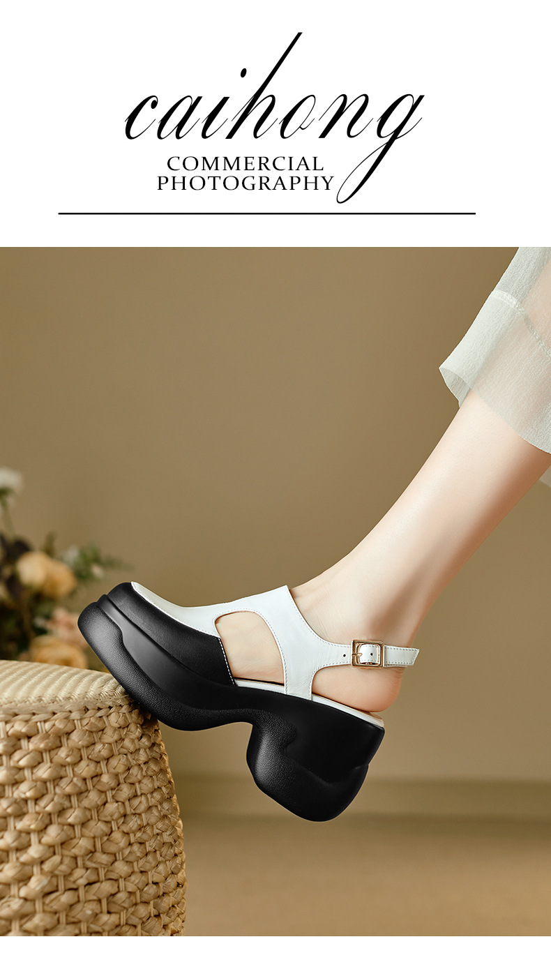 Sandal nữ da bò cao gót đế xuồng phong cách La Mã hở mũi — màu đen, màu trắng chi tiết 2