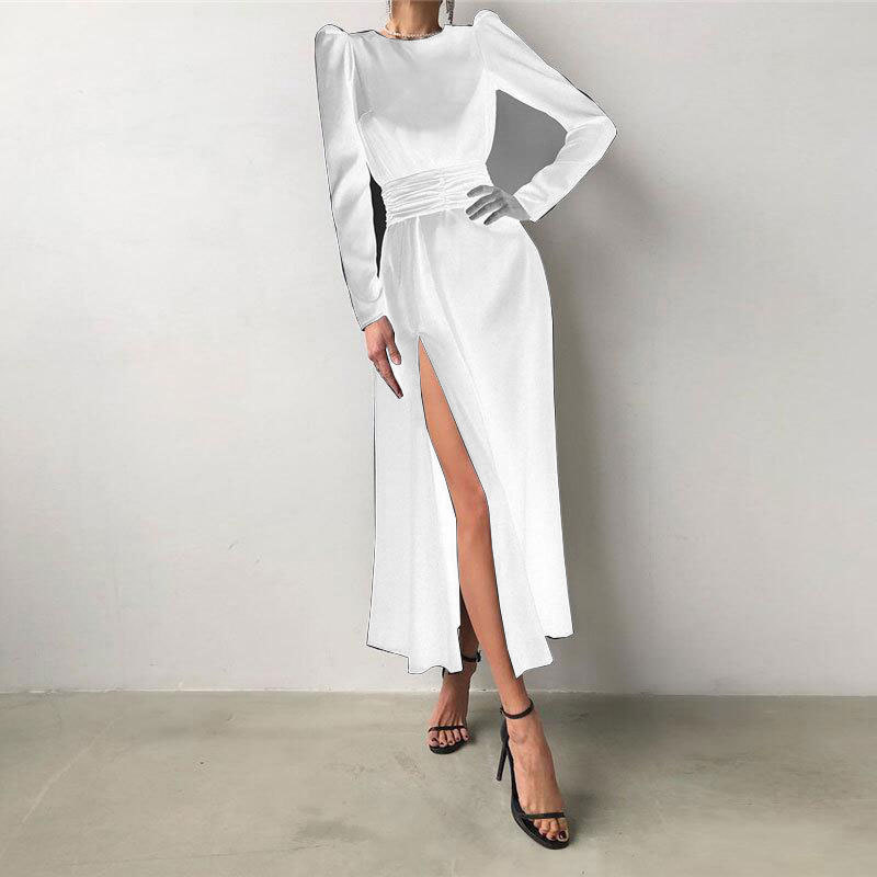Comercio exterior europeo y americano Amazon AliExpress deseo Mujeres Nuevo satén manga larga vestido negro cuello redondo vestido de noche image 10