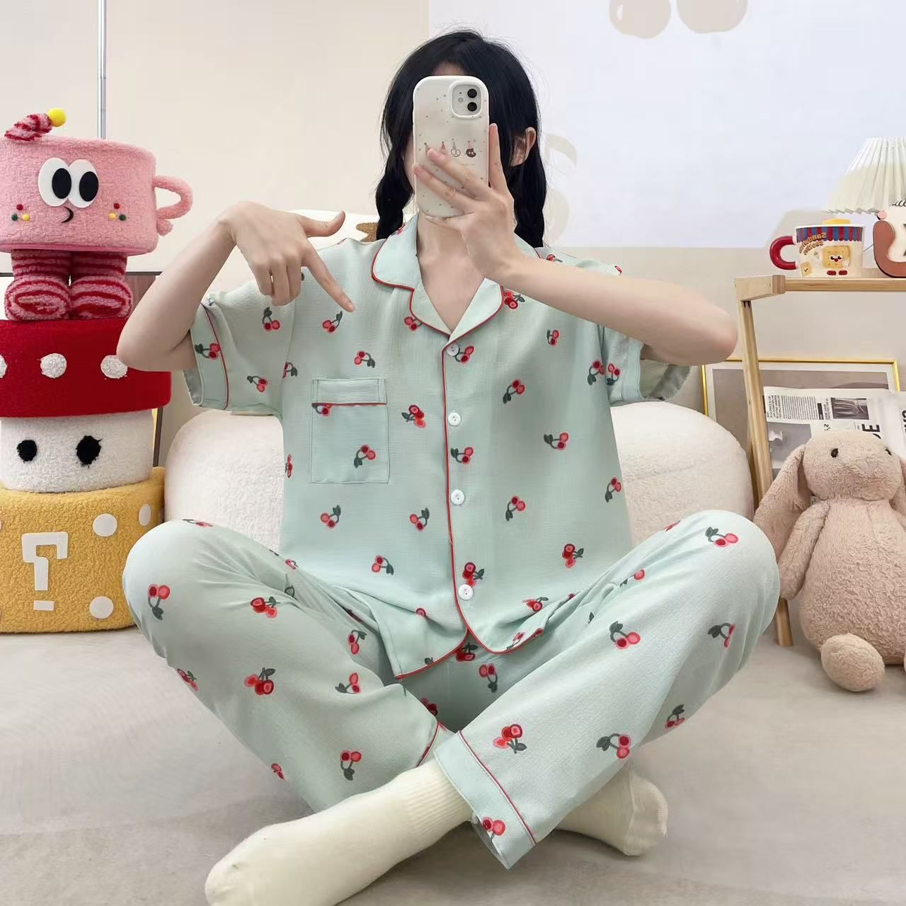 Vietnam transfronterizo al por mayor pijamas de verano para mujer, pantalones frescos de manga corta, cárdigan estampado, servicio a domicilio, dos trajes