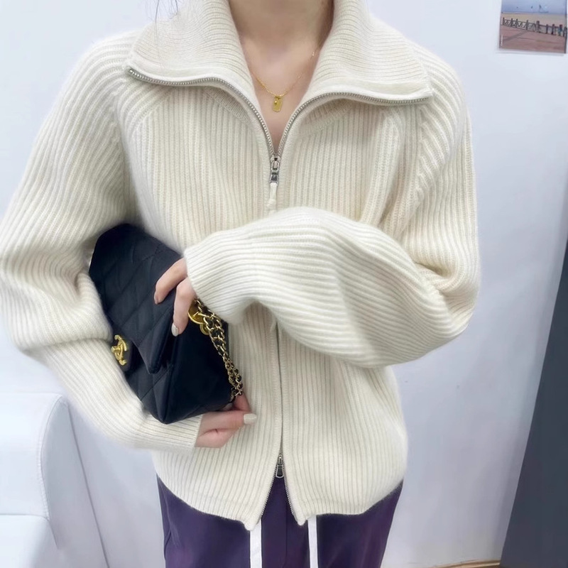 Heavy Weightweight Thickeneded Woolen Sweater Women's Turtleneck Zipper Sweater Cardigan Lapel Lazy Style Loose Niche Knitted Top Winter