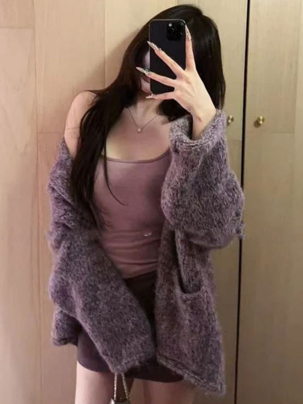 韩系氛围感穿搭紫色毛衣外套女秋季慵懒高级感宽松中长针织开衫|undefined
