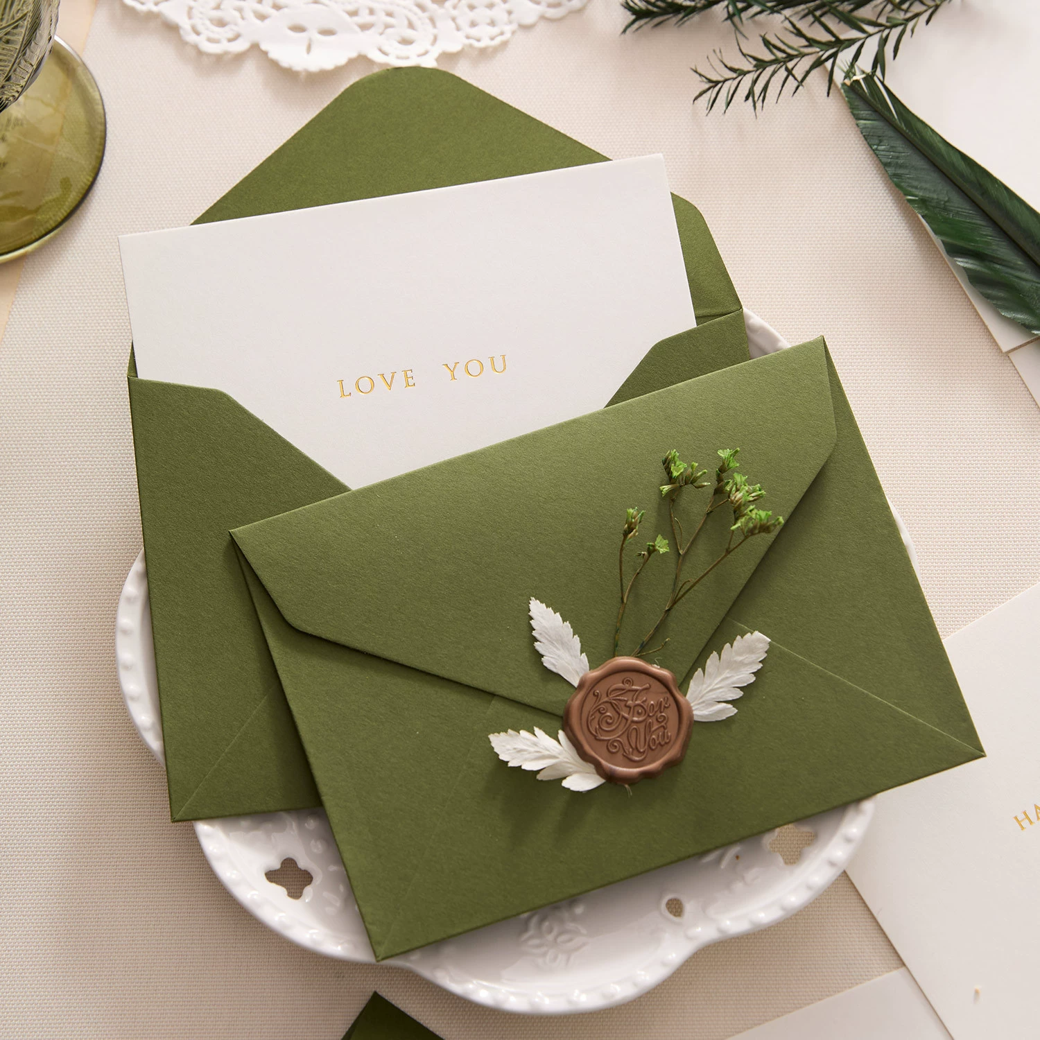 Зеленый конверт с авокадо, поздравительная открытка на день рождения, оливково-зеленый, благословения ко Дню святого Валентина, День Благодарения, спасибо, новогоднее мероприятие, рукописная открытка