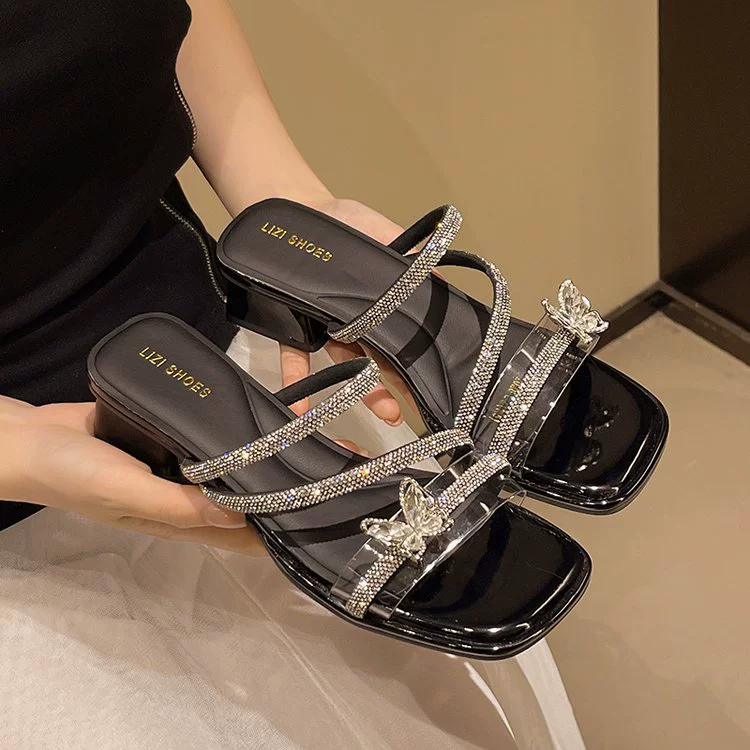 Французские босоножки с камнями для женщин, летняя обувь 2025, новые сказочные босоножки на небольшом каблуке с юбкой, элегантные босоножки на одной линии