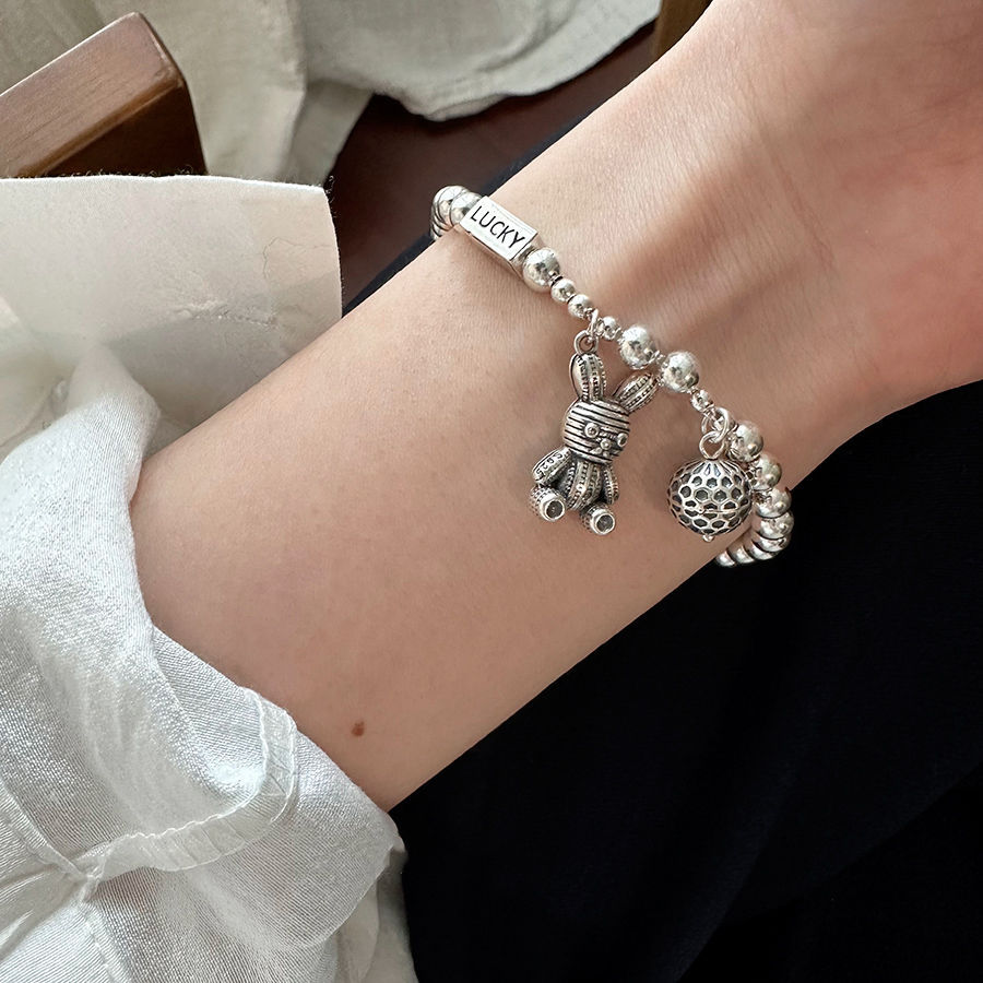Wool Rabbit 925 Sterling Silver Bracelet Women's Ins White Niche Lucky Rabbit Retro Fashion Girlfriend Bracelet Trendy Gift