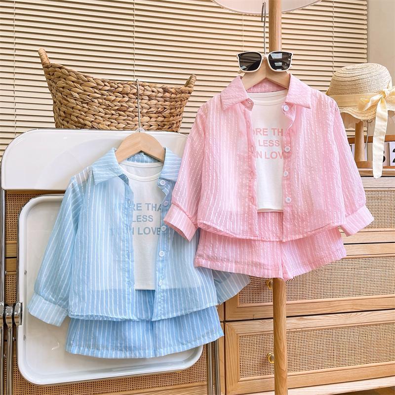 2025夏季薄款女童衬衫背心短裤洋气竖条纹长袖防蚊防虫防晒三件套