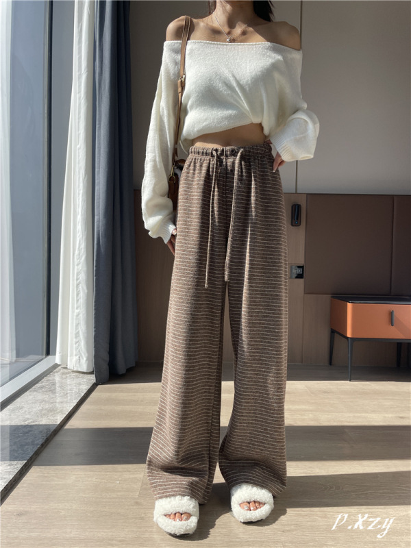 010 女士2025秋季新款卫裤高级感松紧腰垂感阔腿长裤女条纹休闲裤|undefined