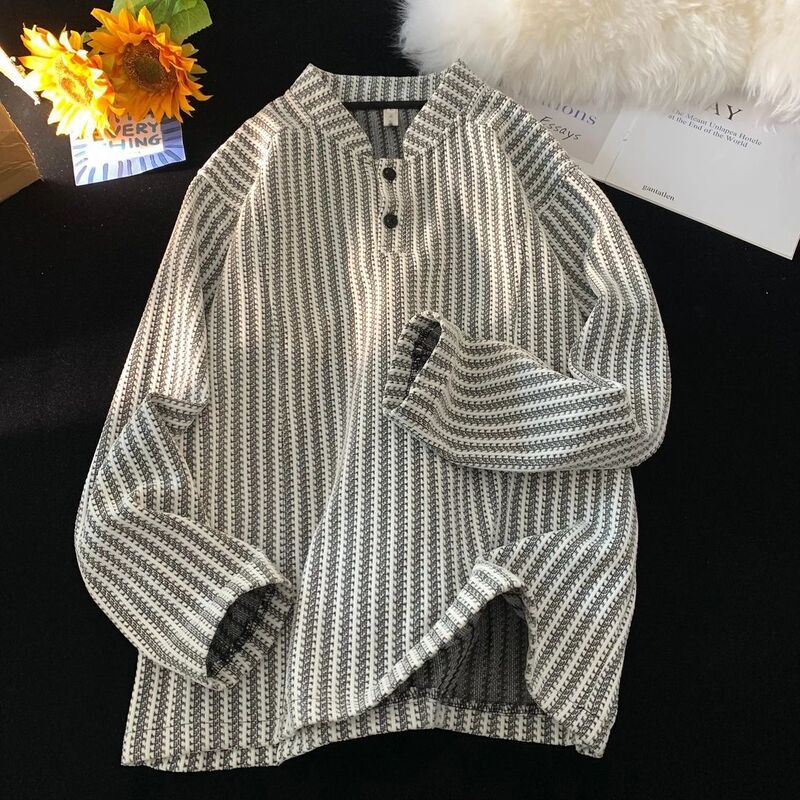 Tweed Style Fishbone Pattern Contrasting Color Henry Collar Long-Sleeved T-Shirt Men's Autum High-End Right Shoulder Sweatshirt Couple Trend Tweed Style Fishbone Pattern Contrasting Color Henry Collar Long-Sleeved T-Shirt Men's Autum High-End Right Shoulder Sweatshirt Couple Trend