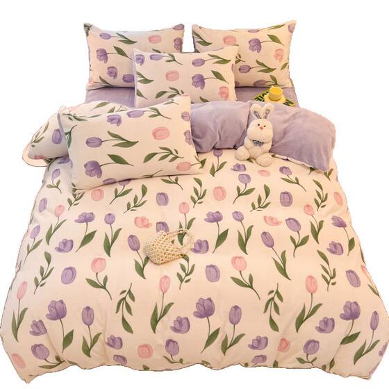 Winter Milk Velvet Four-piece Set Thickened Bed Autumn and Winter Bed Hat fleece-lined Quilt Cover Coral Velvet Dormitory Bed Sheet Three-piece Set