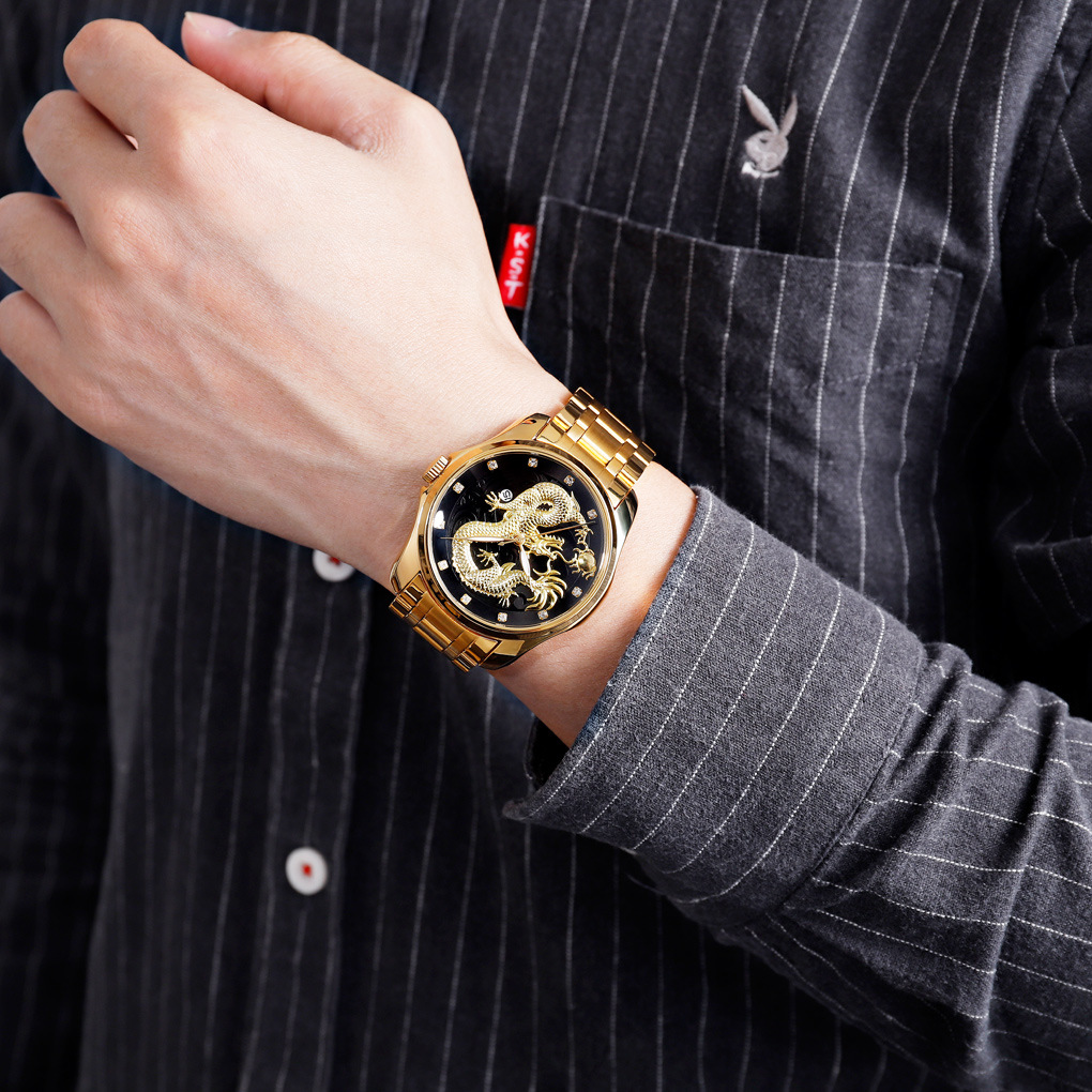 Momento de los Estados Unidos China Fenglong Totem relieve reloj de hombre correa de acero reloj de negocios calendario reloj de cuarzo comercio exterior al por mayor
