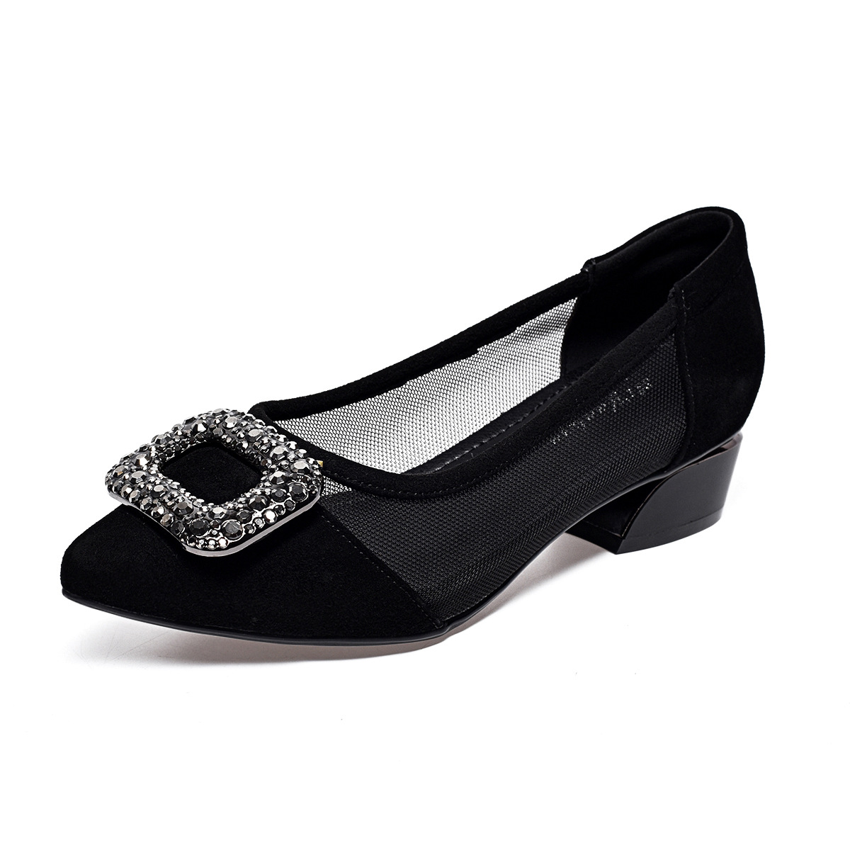 Giày sandal nữ da thật lưới mỏng mũi nhọn gót vuông 3 cm xỏ chân thoáng khí — Đen--3CM