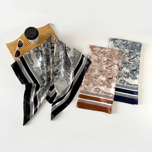 90cm silk scarf, women's European and American bag, headscarf, cross-border new style, satin printed scarf, large square towel wholesale