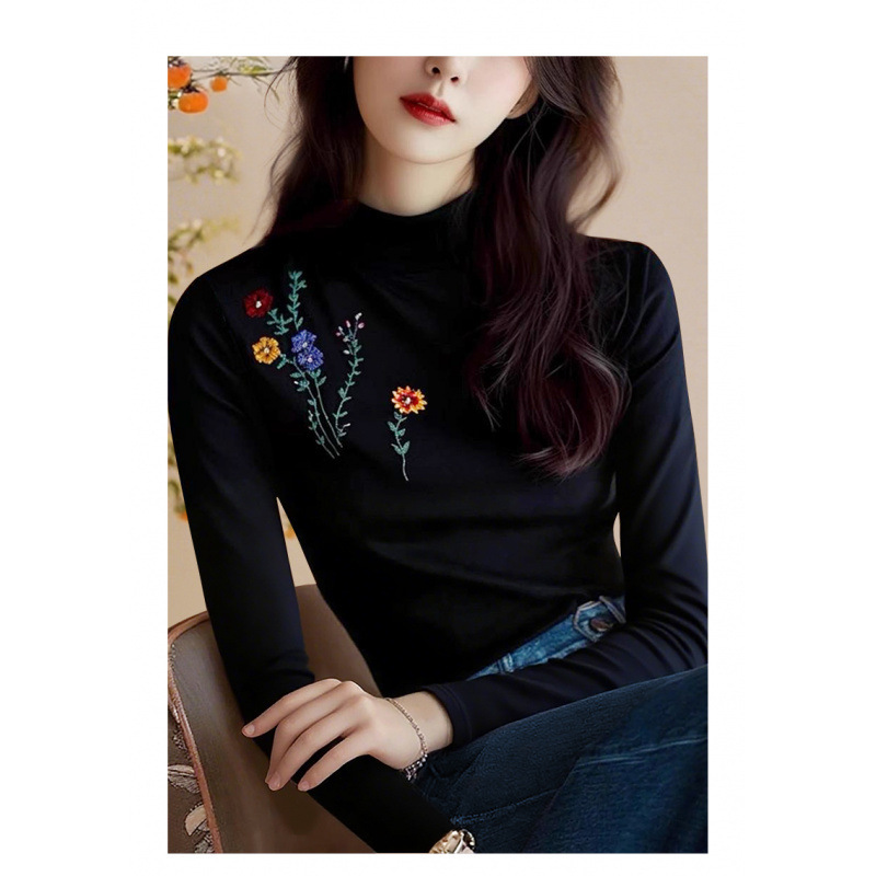 European Station 2025 Autumn Heavy Embroidery Stand Collar Black T-Shirt Top Women's Slim Fit Base Layer Versatile Small Shirt