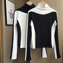 美式复古撞色拼接长袖t恤女秋季时尚韩版修身显瘦内搭加绒打底衫