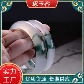 冰种飘花翡翠色玉镯 女款玉石玉镯子 石英岩石玉飘花手镯