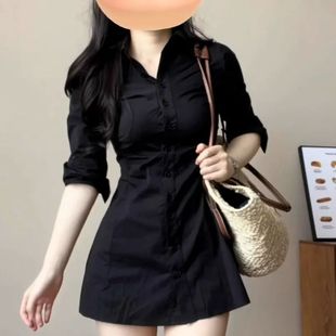 2025 New Summer Lapel Shirt Sexy Slim Waist Slimming Hot Girl Design Top Black White