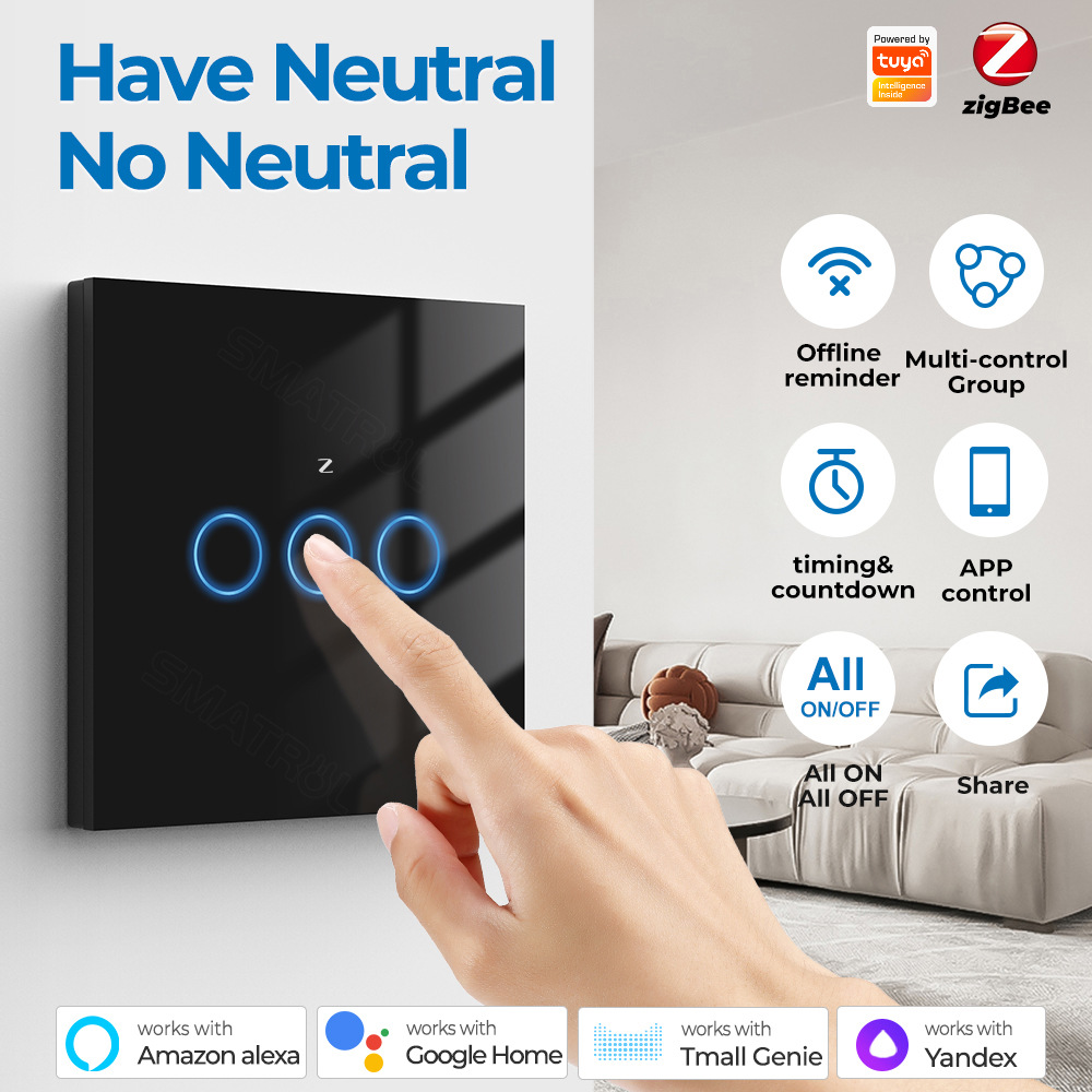 Tuya smart zigbee wall touch switch light single zero fire universal wireless remote control APP voice timing