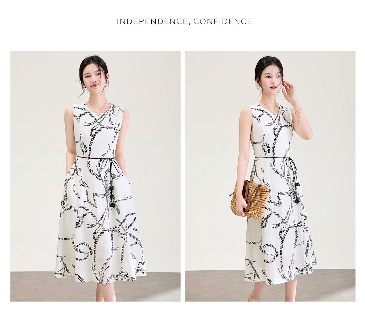 Đầm maxi nữ thắt eo cổ tròn không tay họa tiết in hoa phong cách nghỉ dưỡng — Đen trắng chi tiết 13
