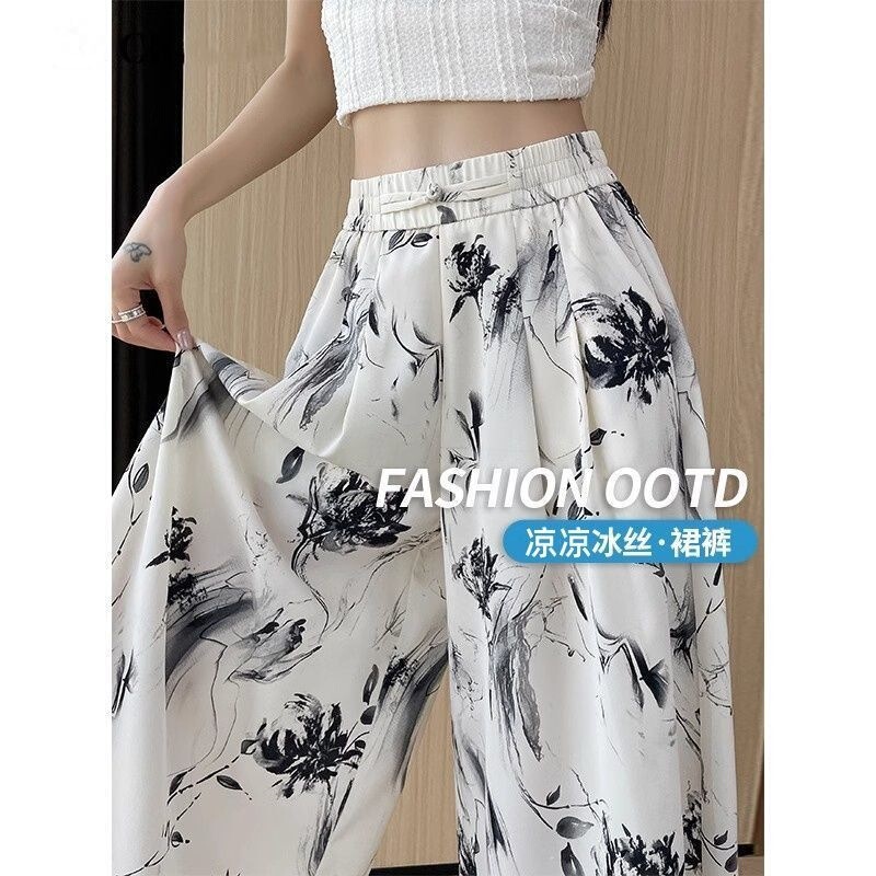 Summer Thin Pants-Skirt for Petite Women, Plus Size, High-Waisted, Loose Fit, Slimming, Casual, Chinese Style, Three-Quarter Length Wide-Leg Pants