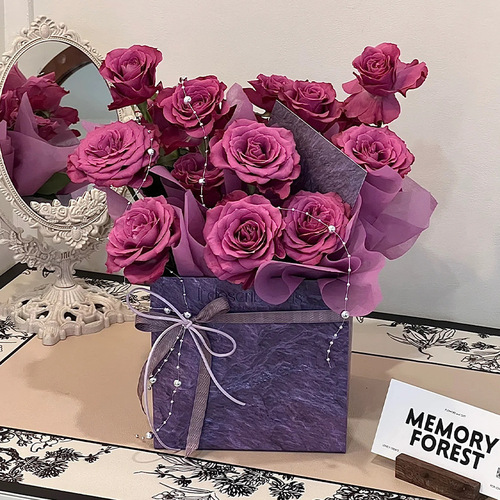 Festive Marble Black Plum Jam Square Round Flower Arrangement Gift Box Rose Hug Bucket Flower Arrangement Flower Shop Wholesale