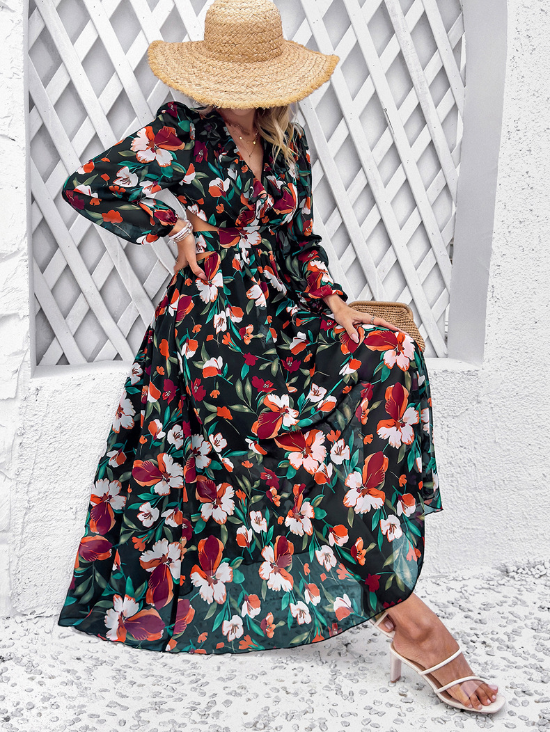 Women's Regular Dress Vacation V Neck Printing Long Sleeve Flower Maxi Long Dress Daily Beach display picture 19