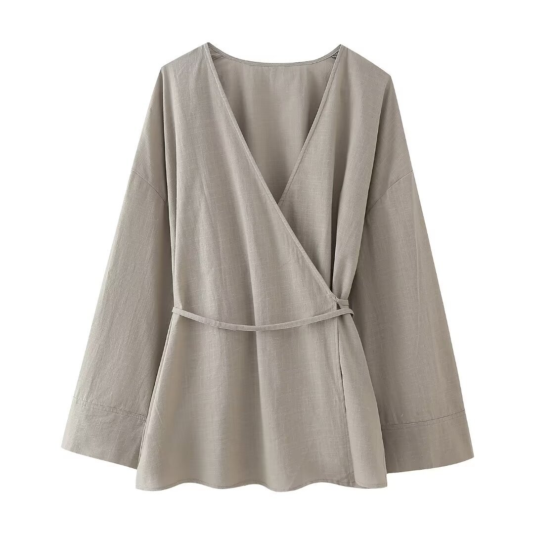 Roupas femininas verão 2024 novo estilo quimono texturizado trespassado conjunto de calças_voghion.com