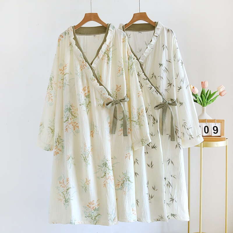 Summer Pure Cotton Gauze Thin Japanese Kimono Yukata Women's Mid-Length Nightgown Cardigan Lace Princess Floral