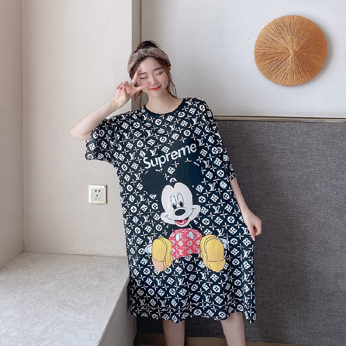 Comercio exterior camisón de verano de las mujeres de manga corta pijamas de dibujos animados delgada de doble cara de seda impresa vestido cultural ropa para el hogar