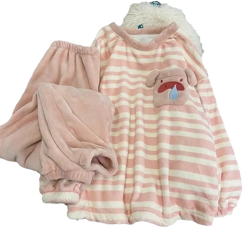 산호 양털 잠옷 여성의 가을과 겨울 기모 두꺼운 학생 실 스타일 기숙사 귀여운 돼지 집 옷