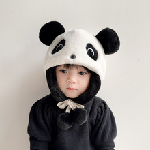 儿童帽子冬天可爱卡通熊猫毛绒帽男女宝宝包头帽加厚保暖护耳帽潮