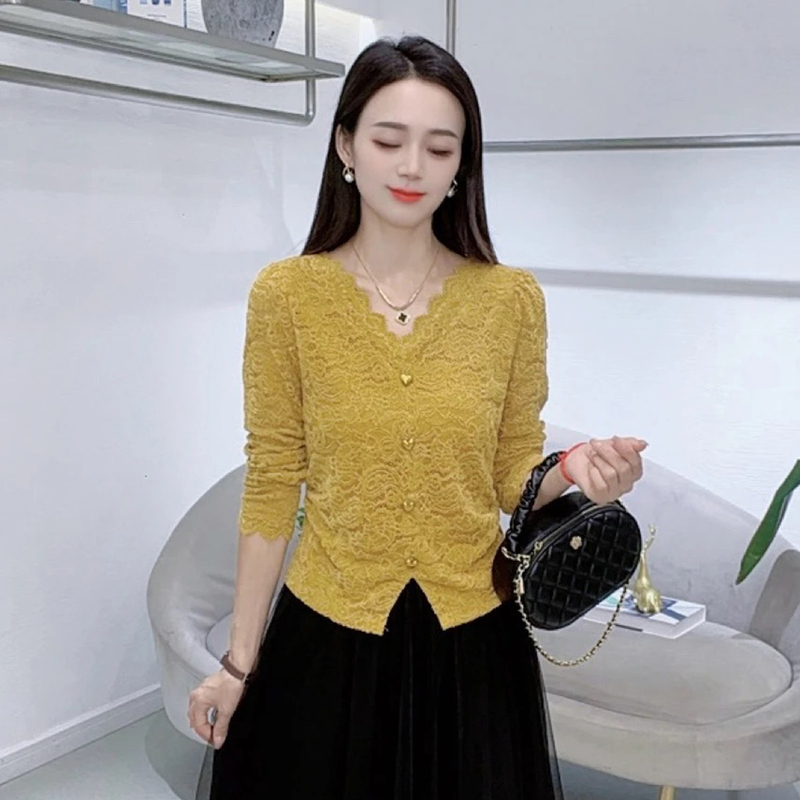法式时尚洋气V领蕾丝衫女2025秋季新款百搭显瘦设计感打底衫上衣|undefined