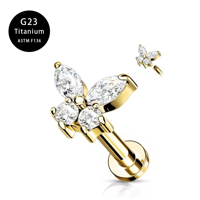 Пирсинг губ Labret, титан G23, бабочка с кристаллом, 1,0×6–12 мм, множественные цвета